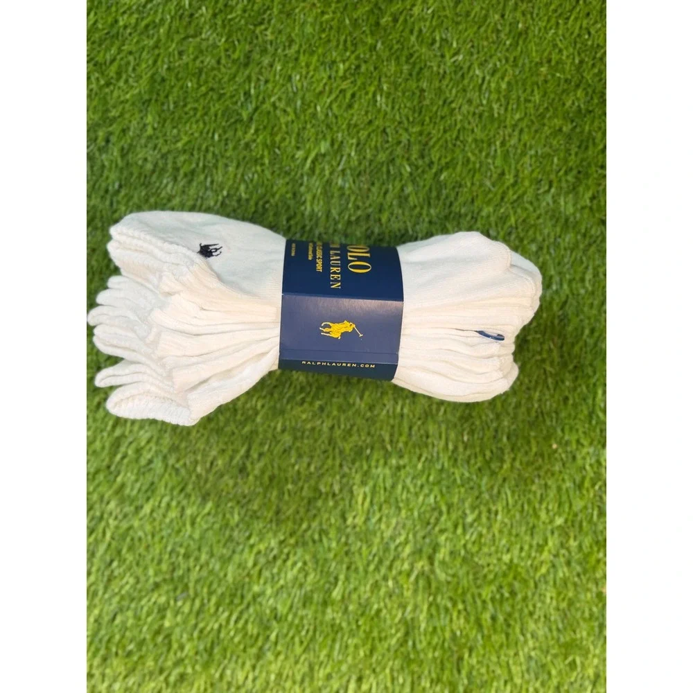 Polo Ralph Lauren 6 Pack White Classic Sport Ankle Socks Navy Pony Logo NEW